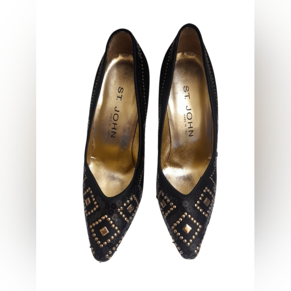 St. John Black and Gold Heels with Intricate Beadwork SZ 6B Y2k